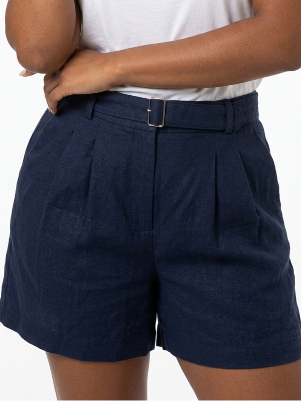AVEC LES FILLES | Navy Pleated High-Waist Belted Linen Shorts Women’s Size 4